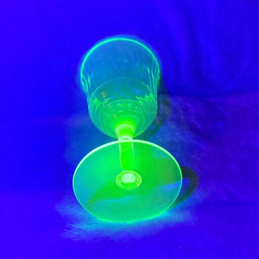 Vintage Green Uranium‎ Glass Wine Goblet Optic Rib Depression Glass UV Glow